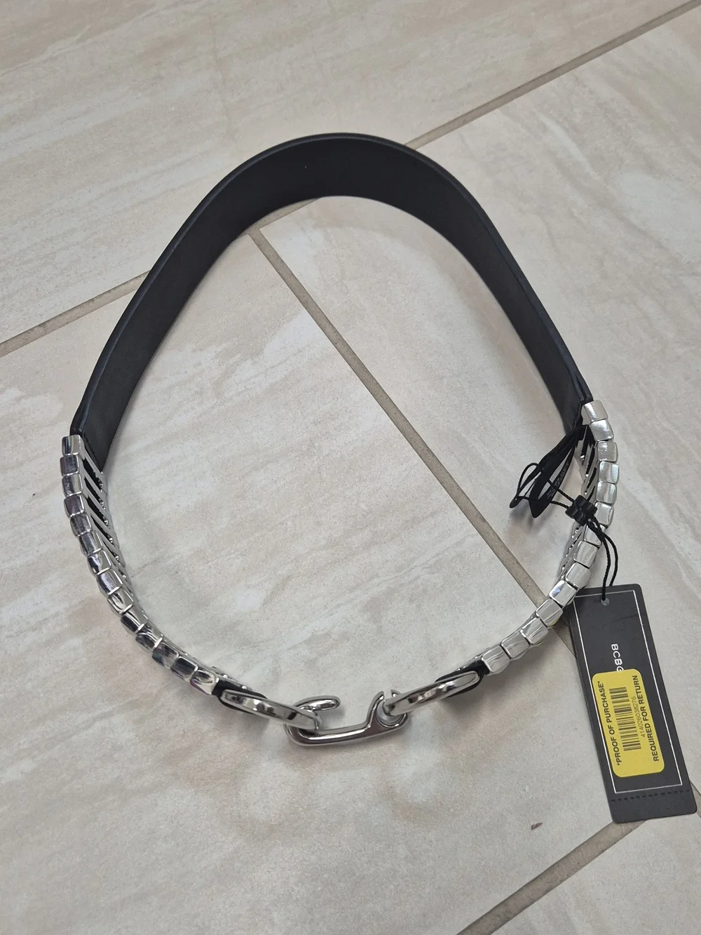 Women’s Black Leather Belt with Silver Chain Link Detail